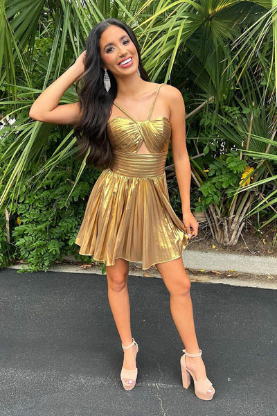 A-Line Spaghetti Straps Keyhole Gold Pleated Short Homecoming Dresses VK24062102-2
