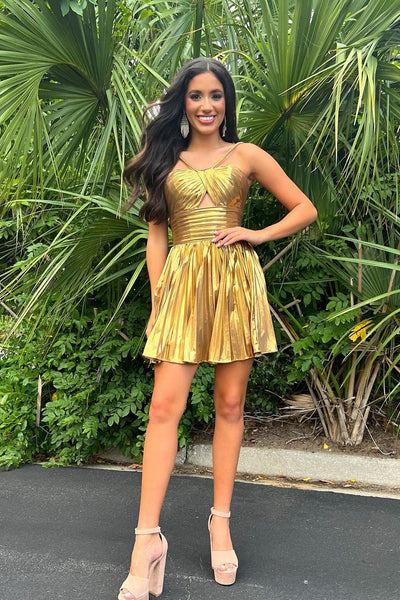 A-Line Spaghetti Straps Keyhole Gold Pleated Short Homecoming Dresses VK24062102-3