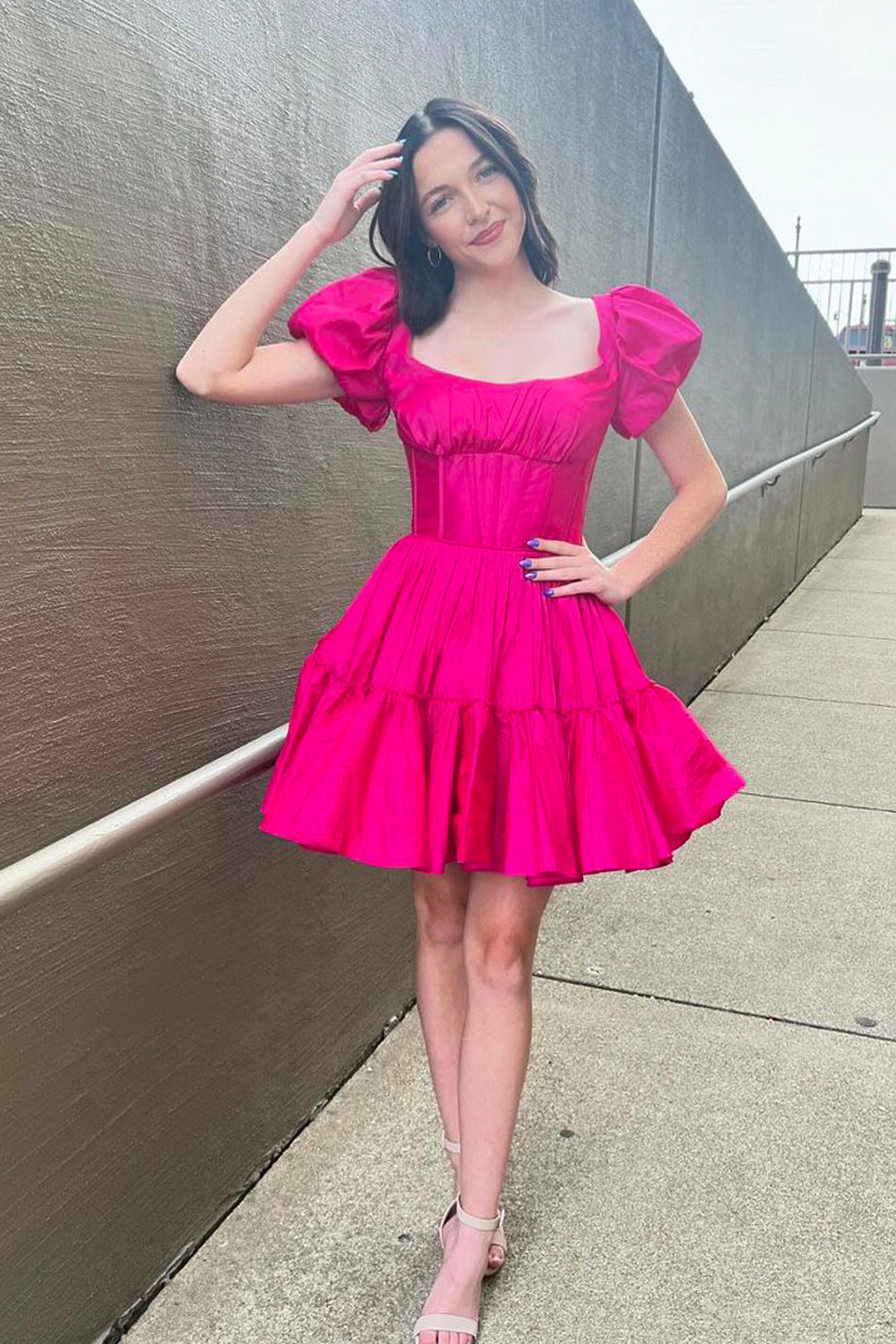 A-Line Square Neck Hot Pink Satin Short Homecoming Dresses VK24090804