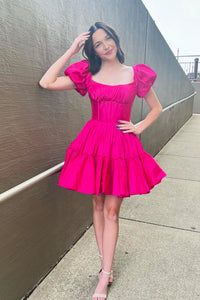 A-Line Square Neck Hot Pink Satin Short Homecoming Dresses VK24090804