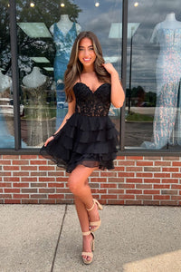 A-Line Strapless Black Tiered Chiffon Short Homecoming Dresses with Appliques VK081602