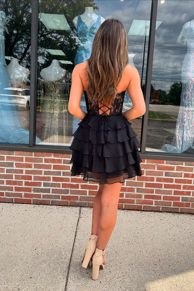 A-Line Strapless Black Tiered Chiffon Short Homecoming Dresses with Appliques VK081602