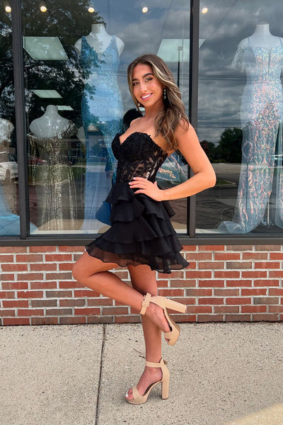 A-Line Strapless Black Tiered Chiffon Short Homecoming Dresses with Appliques VK081602