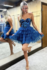 A-Line Strapless Blue Mirror-Cuts Glitter Tulle Short Homecoming Dresses VK24082802