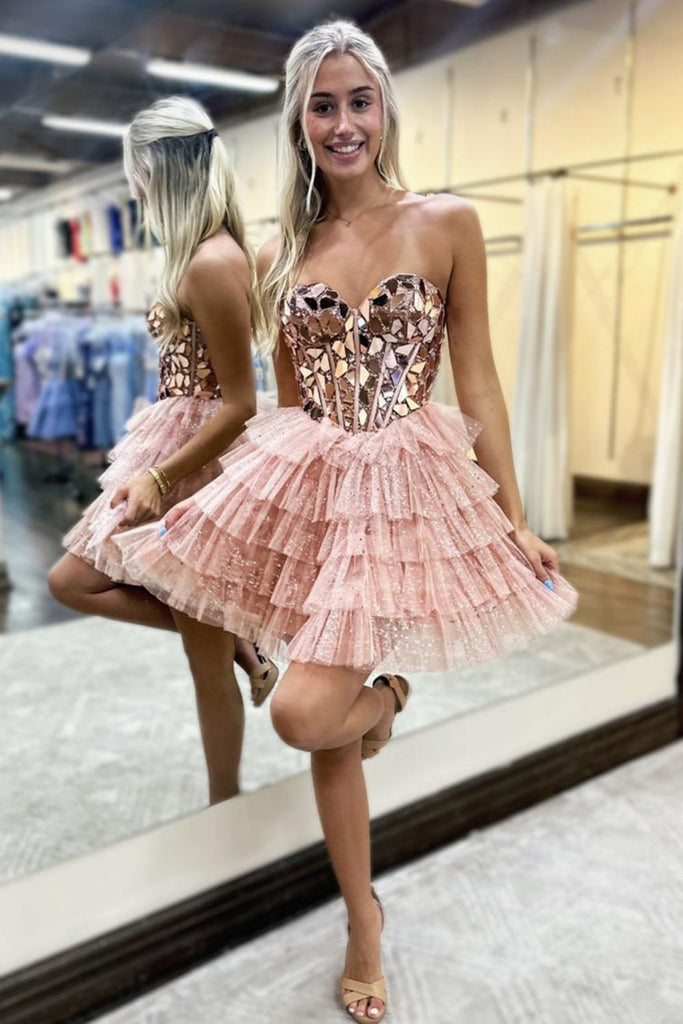 贈る結婚祝い A-Line Strapless Short Tulle Glitter Mirror-Cuts Blue スーツ・フォーマル・ドレス
