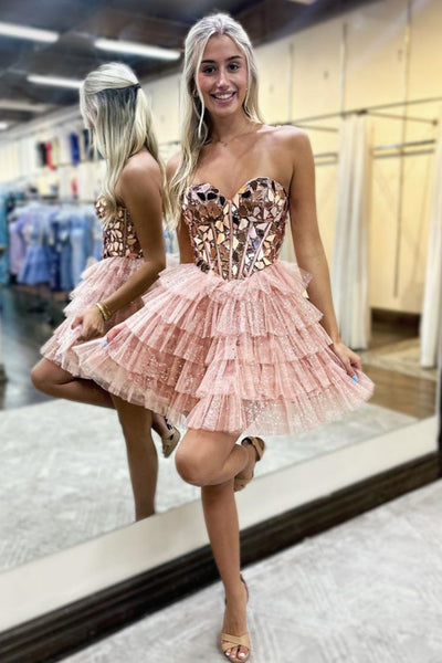 A-Line Strapless Blue Mirror-Cuts Glitter Tulle Short Homecoming Dresses VK24082802