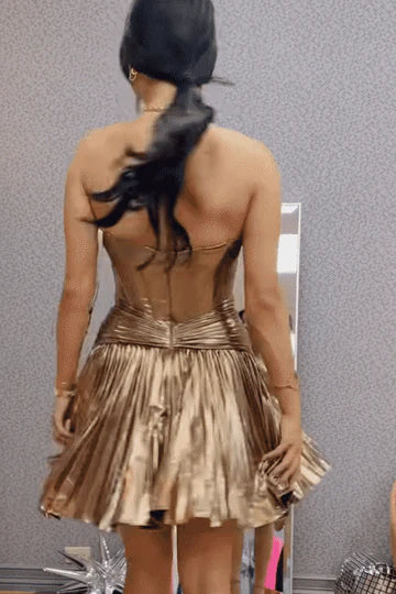 A-Line Strapless Gold Satin Short Pleated Homecoimg Dresses VK24083103