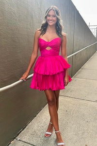 A-Line Strapless Keyhole Pleated Hot Pink Satin Short Homecoming Dresses VK081507