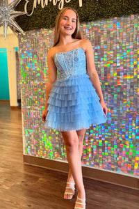 A-Line Strapless Light Blue Ruffle Tiered Tulle Short Homecoimg Dresses VK24083108
