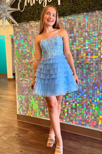 A-Line Strapless Light Blue Ruffle Tiered Tulle Short Homecoimg Dresses VK24083108