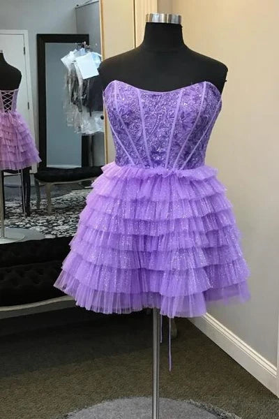 A-Line Strapless Light Blue Ruffle Tiered Tulle Short Homecoimg Dresses VK24083108