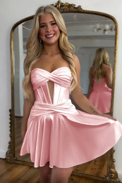 A-Line Strapless Lilac keyhole Satin Short Homecoming Dresses VK081606