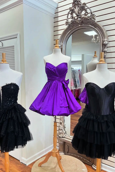 A-Line Strapless Purple Satin Short Homecoming Dresses VK081509