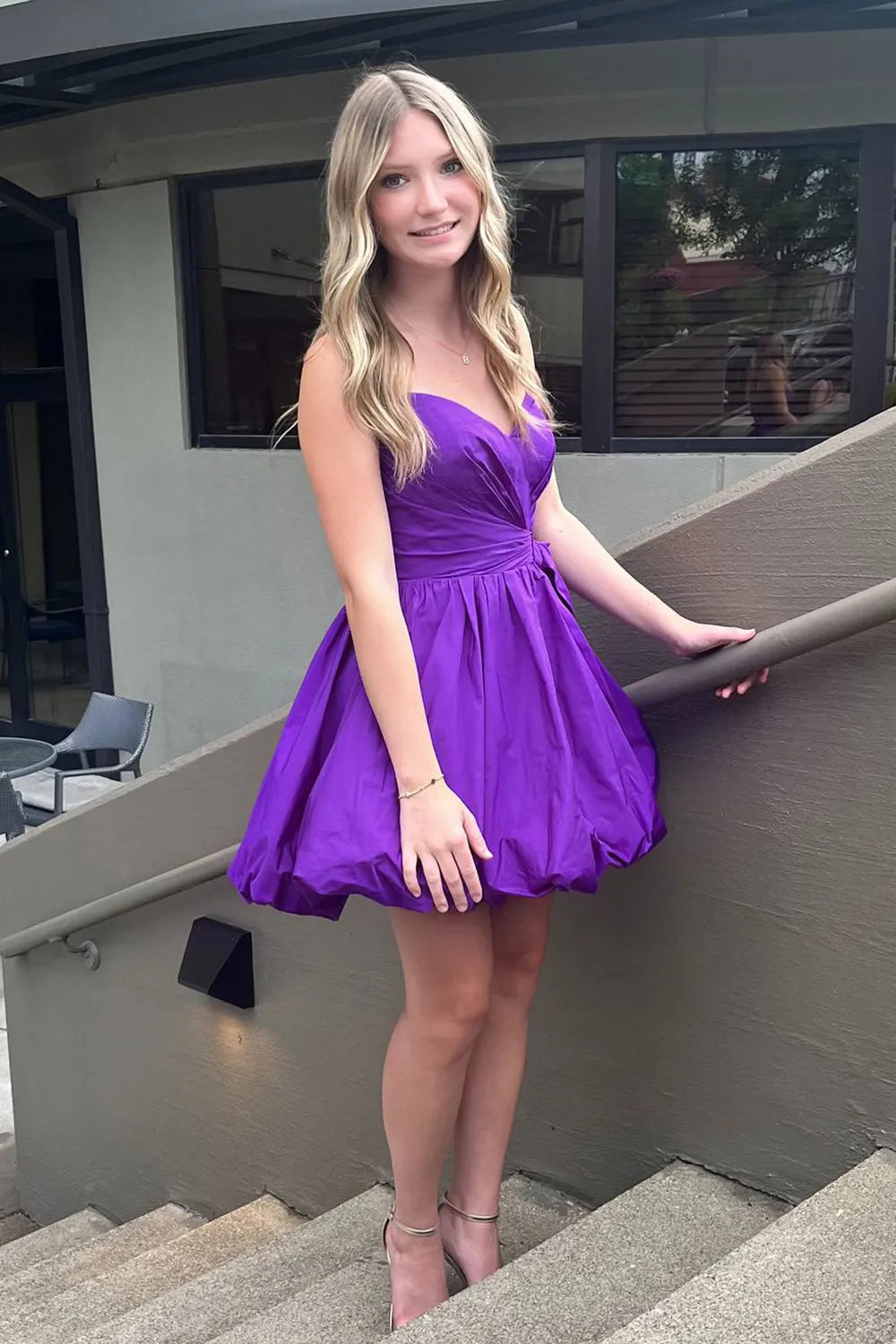 A Line Strapless Purple Satin Short Homecoming Dresses VK081509
