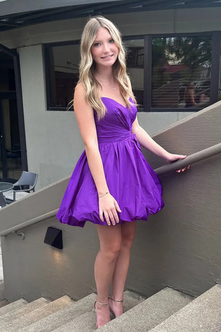 A-Line Strapless Purple Satin Short Homecoming Dresses VK081509