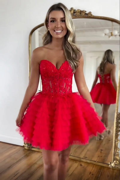 A-Line Strapless Red Tiered Tulle Short Homecoming Dresses with Appliques VK081605