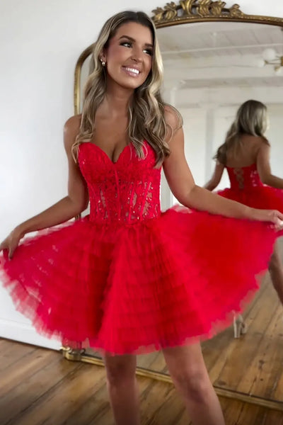 A-Line Strapless Red Tiered Tulle Short Homecoming Dresses with Appliques VK081605