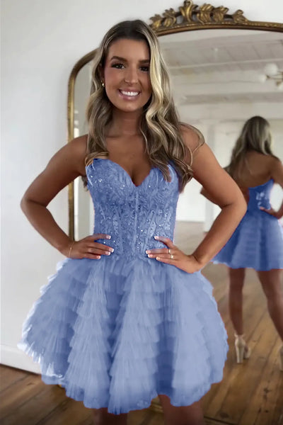 A-Line Strapless Red Tiered Tulle Short Homecoming Dresses with Appliques VK081605