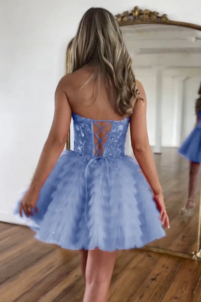 A-Line Strapless Red Tiered Tulle Short Homecoming Dresses with Appliques VK081605
