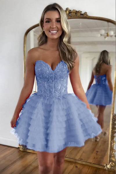 A-Line Strapless Red Tiered Tulle Short Homecoming Dresses with Appliques VK081605