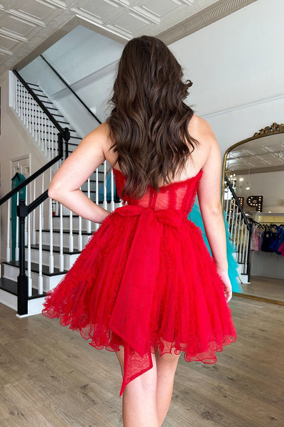A-Line Strapless Red Tulle Short Homecoming Dresses with Bow VK081603