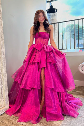 A-Line Strapless Ruffle Tiered Organza Long Prom Dress with Slit VK24091107