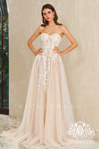 A-Line Strapless Tulle Lace Wedding Dresses with Slit VK24010723