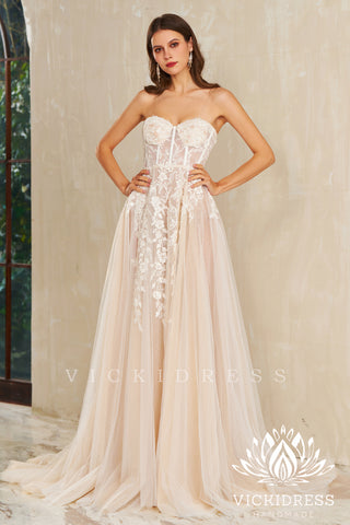 A-Line Strapless Tulle Lace Wedding Dresses with Slit VK24010723