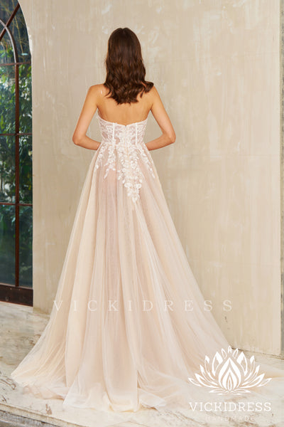 A-Line Strapless Tulle Lace Wedding Dresses with Slit VK24010723