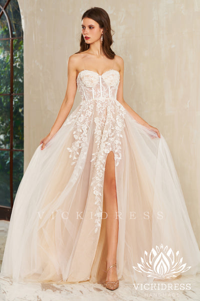 A-Line Strapless Tulle Lace Wedding Dresses with Slit VK24010723