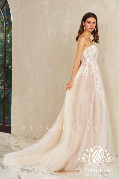 A-Line Strapless Tulle Lace Wedding Dresses with Slit VK24010723