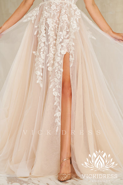 A-Line Strapless Tulle Lace Wedding Dresses with Slit VK24010723