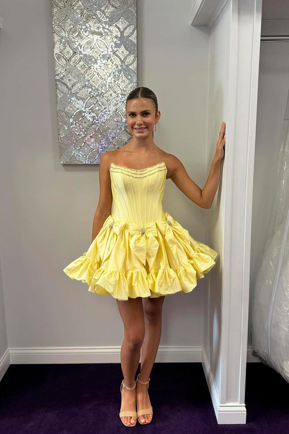 A-Line Strapless Yellow Satin Short Homecoming Dresses with Bows VK081601