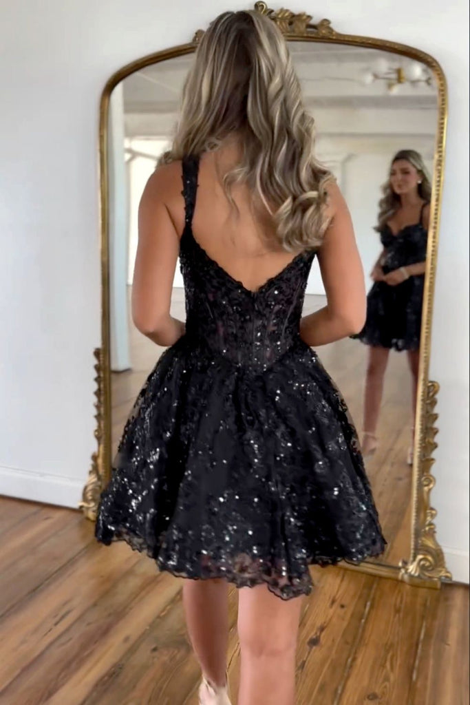 A-Line Sweetheart Black Sequin Lace Short Homecoming Dresses VK24082801 –  Vickidress