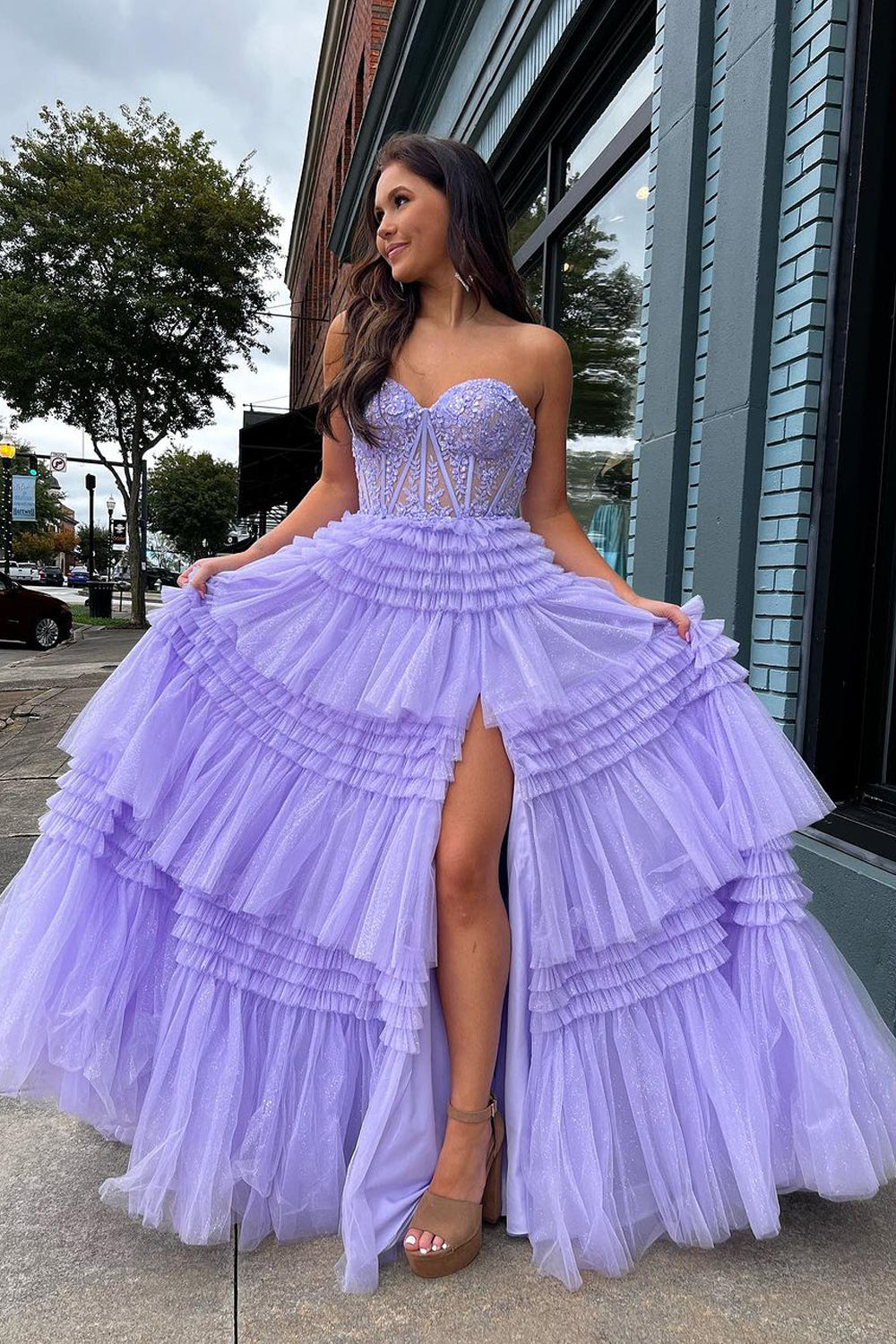 A-Line Sweetheart Lavender Ruffle Tulle Long Prom Dress with Appliques VK24091106