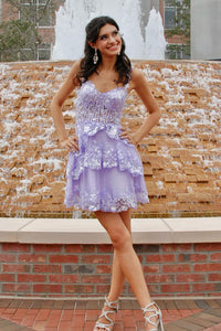 A-Line Sweetheart Lavender Sequin Lace Ruffle Short Homecoming Dresses VK24091002