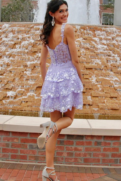 A-Line Sweetheart Lavender Sequin Lace Ruffle Short Homecoming Dresses VK24091002