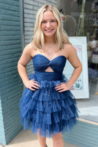 A-Line Sweetheart Navy Blue Ruffle Tiered Tulle Short Homecoming Dresses VK24083101