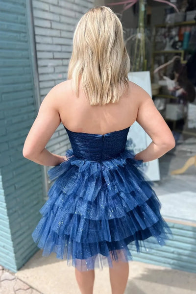 A-Line Sweetheart Navy Blue Ruffle Tiered Tulle Short Homecoming Dresses VK24083101