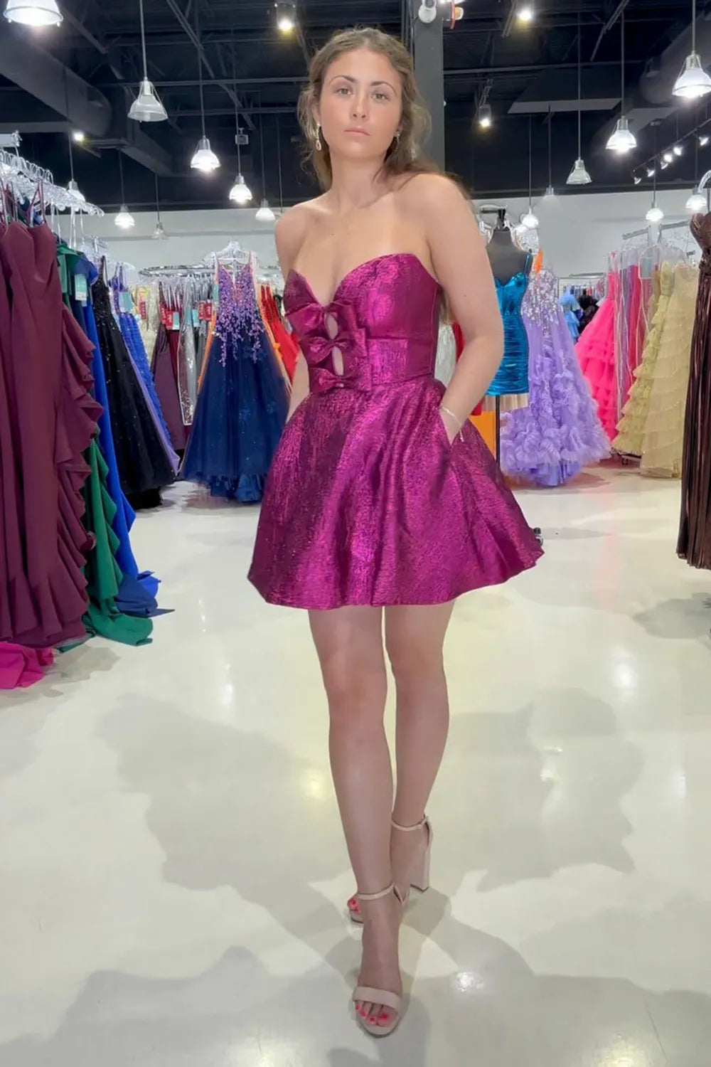 A-Line Sweetheart Purple Short Homecoming Dress with Pockets VK082005