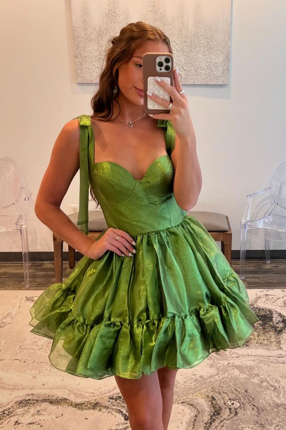 A-Line Sweetheart Sage Green Ruffle Glitter Satin Short Homecoming Dress VK24082909
