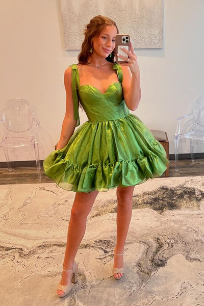 A-Line Sweetheart Sage Green Ruffle Glitter Satin Short Homecoming Dress VK24082909
