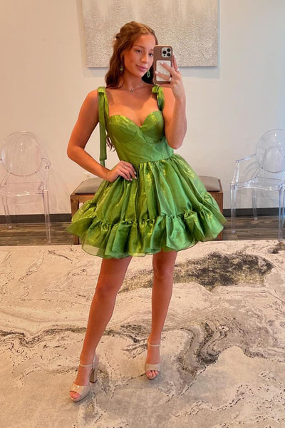 A-Line Sweetheart Sage Green Ruffle Glitter Satin Short Homecoming Dress VK24082909
