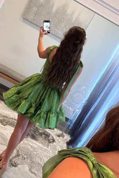 A-Line Sweetheart Sage Green Ruffle Glitter Satin Short Homecoming Dress VK24082909