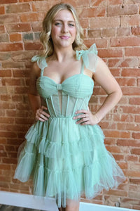 A-Line Sweetheart Tiered Tulle Short Homecoming Dresses with Bow Straps VK082103