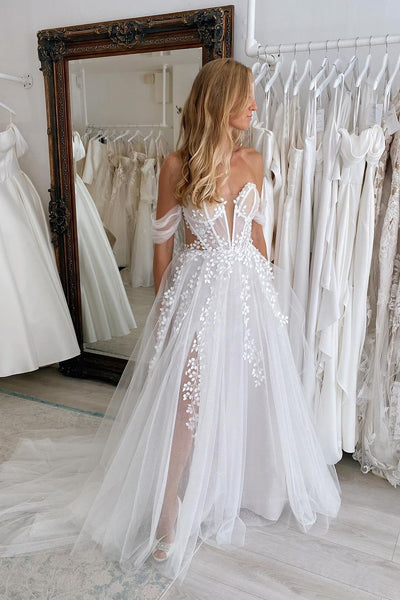 A-Line Sweetheart Tulle Appliques Wedding Dresses VK24031002