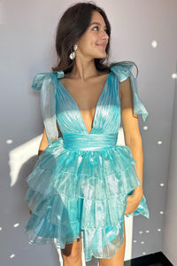 A-Line V Neck Light Blue Organza Short Homecoming Dresses with Ruffles VK24090906