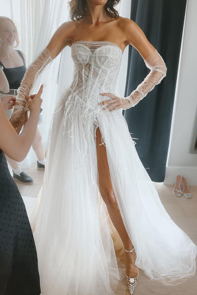 Fariy A Line Sweetheart Beaded Tulle Slit Wedding Dresses with Feather VK112121