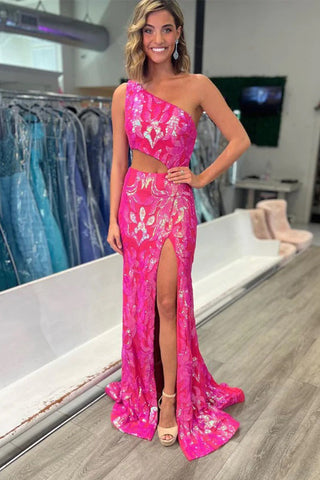 Cute One Shoulder Pink Sequins Lace Prom Dresses with Slit