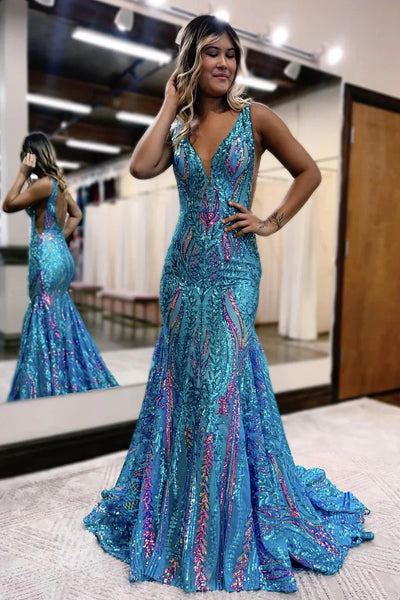 Charming Mermaid V Neck Blue Gold Sequins Long Prom Dresses VK24101712